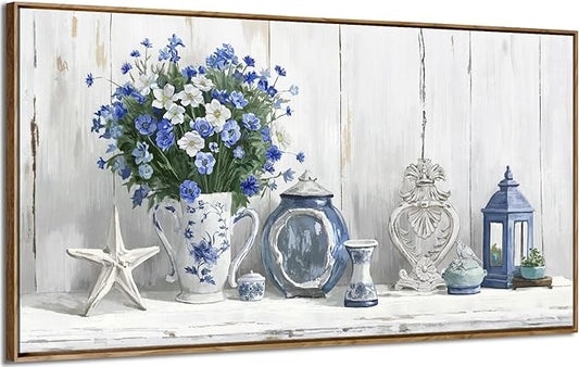 Nicetop Large Framed Artwork for Walls – Coastal Rustic Farmhouse Art Prints Blue and White Floral Canvas Art Vintage Country Shabby Chic Wall Picture for Living Room Bedroom Kitchen Dining 48x24 Inch