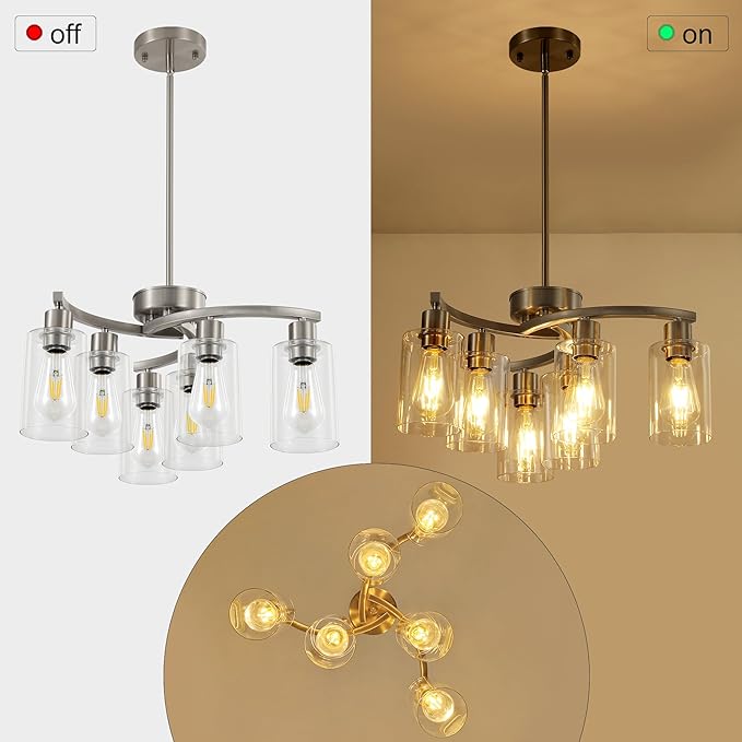 6 Light Modern Brushed Nickel Pendant Light Fixture for Dining Room，Kitchen Pendant Lighting Over Island，Adjustable Height Farmhouse Dining Chandeliers Over Table，with Glass Shade