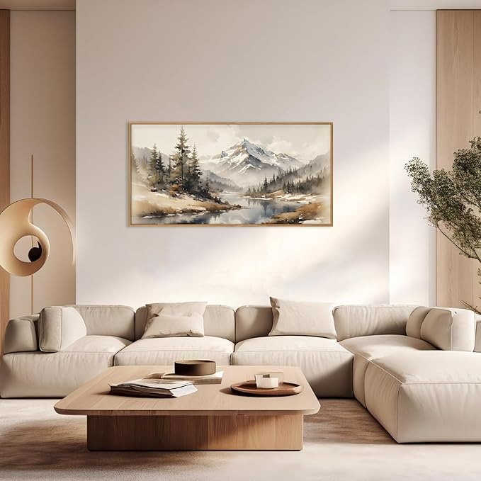 Ausril Watercolor Misty Mountain Framed Canvas Wall Art Set, Foggy Pine Tree Wall Decor, Winter Landscape Wall Painting, Nature Snowy Scene Art Print for Living Room, Bedroom, Office - 20"X40"