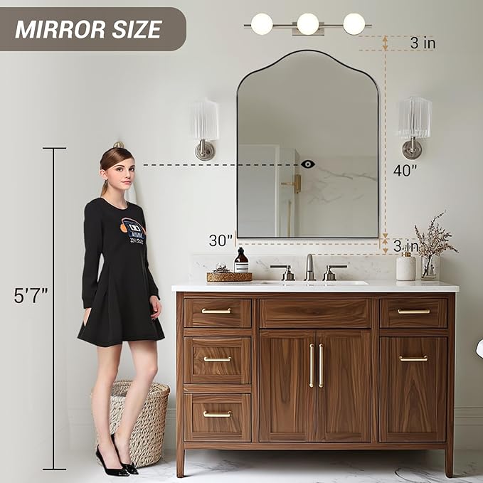 ANDY STAR Scalloped Arched Mirror, 30x40 Polished Chrome Irregular Bathroom Mirror for Vanity, Asymmetrical Curved Top with Anti-Rust Stainless Steel Frame, for Entryway, Bedroom, Mantel, Fireplace