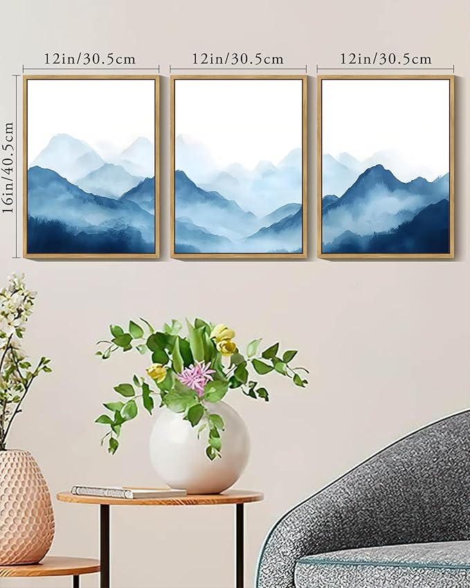 KUVIOKE Blue Watercolor Mountains in Fog Framed Wall Art Wilderness Nature Landscape Painting Rustic Scenic Relax Cool Home Decor 12x16in (Natural Framed)
