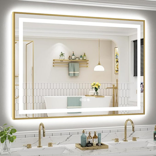 55x40 Inch LED Bathroom Mirror with Gold Frame, Backlit & Front Lit, Anti-Fog Lighted Bathroom Vanity Mirror for Wall, Memory Function, Dimmable, HD Tempered Glass, Shatter-Proof