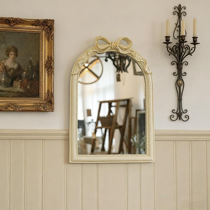 Light Luxury Girly Bowknot Vanity Mirror, French Vintage Bathroom Mirror for Over Sink/Wall, Decorative Espejos para Baños for Bedroom & Bath (Bow-Yellow Gold, 15" L x 22" W)