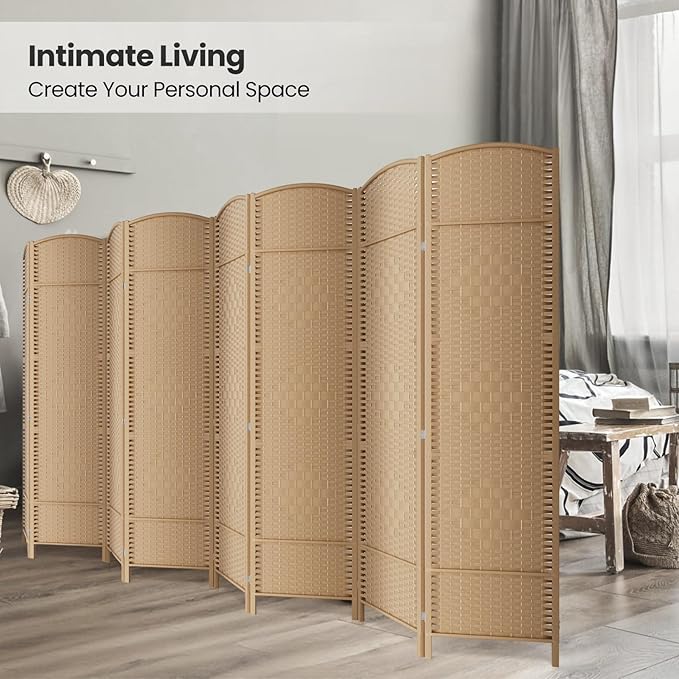 8 Panel Room Divider,6Ft Folding Privacy Screen,Tall - Extra Wide Foldable Panel Partition Wall Divider with Diamond Double-Weaved Hand-Woven Design Room Screen Divider