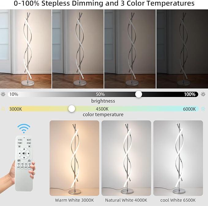 LED Modern Floor Lamp for Living Room, 40W 3 Colors Stepless Dimmable and Color-Changing Bright Floor Standing Lamp,60" Unique Spiral Floor Tall Lamp for Bedroom Office with Remote,Chrome