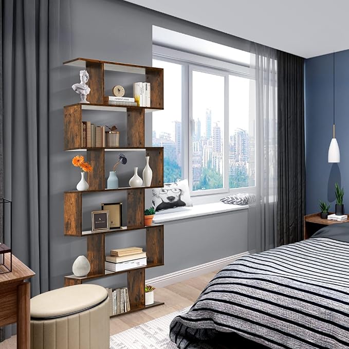 6 Tier Geometric Bookcase, S Shaped Bookshelf, Book Shelf Room Divider, Wood Freestanding Display Shelves, 75 Inch Staggered Bookshelf for Bedroom Living Room (1, Rustic Brown)