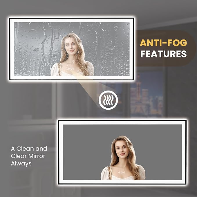 LOAAO 72"X36" LED Bathroom Mirror Black Framed, Anti-Fog, Dimmable, Lighted Bathroom Vanity Mirror for Wall, Memory Function, Tempered Glass