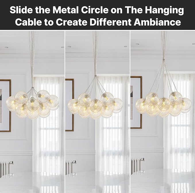 Modern Nickel Glass Bubble Chandelier: 23.6" Large Dining Room Light Fixture - Nordic Swirled Clear Glass Ball Chandelier - Globe Ball Chandeliers for Kitchen Living Room Bedroom Bathroom Entryway