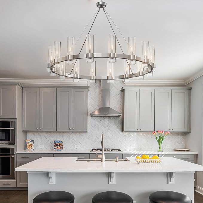 Modern Chandelier,Wagon 16-Lights Wheel Chandelier with Glass Shade, Nickel 48 Inch Large Round Industrial High Ceilings Pendant Lighting Fixture for Dining Room, Living Room, Foyer
