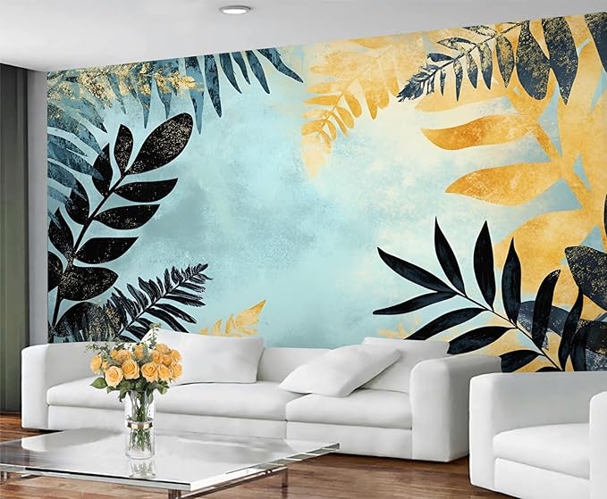 Black Gold Leaf Mural Wallpaper, Cartoon Palm Leaf Murals, 3D Tropical Plants Murals Wallpaper for Living Room Bedroom Tv Background Wall Home Decor Mural (Not Peel Stick)