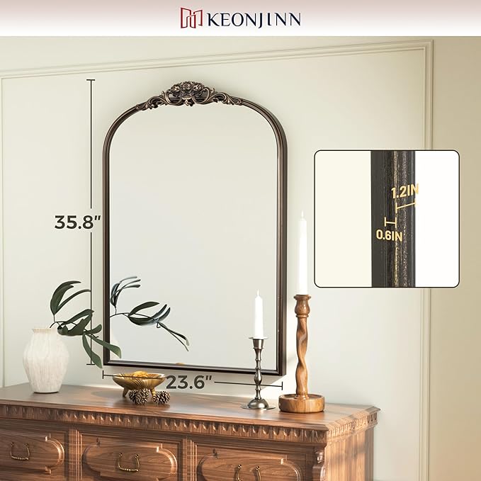 Keonjinn Vintage Mirror for Wall, 24" x 36" Bronze Antique Mirrors with Metal Frame, Baroque Style Decoration for Mantle, Bathroom, Living Room, Fireplace, Bedroom, French Cleat Mounting