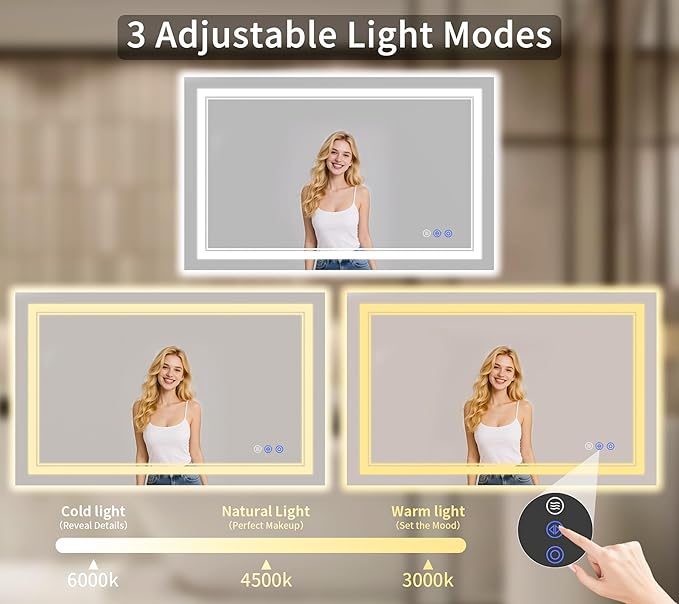 30"x55" LED Bathroom Mirror with Lights, Anti-Fog, Backlit + Front Lit, Dimmable, Led Vanity Mirror for Wall, Lighted Bathroom Mirror, 3 Colors, Shatter-Proof Tempered Glass