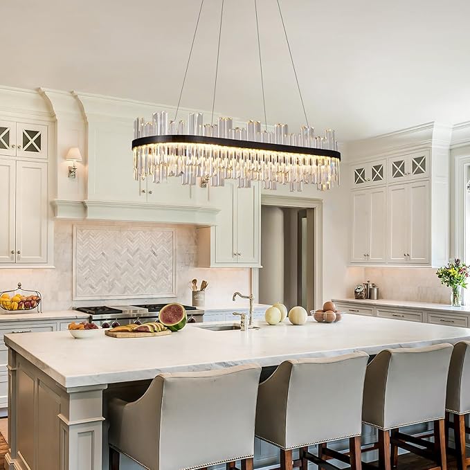 Black Modern Led Crystal Chandelier: 39.3" Rectangle Linear 3 Color Dimmable Chandeliers for Dining Room Over Table - Luxury Rectangular Contemporary Oval Light Fixture for Living Room Bedroom Foyer