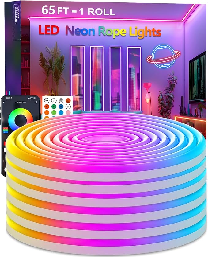 65.6FT Neon Rope Lights,Flexible Led Light Control with App/Remote,Multiple Modes,IP67 Outdoor Waterproof,Music Sync Strip for Bedroom