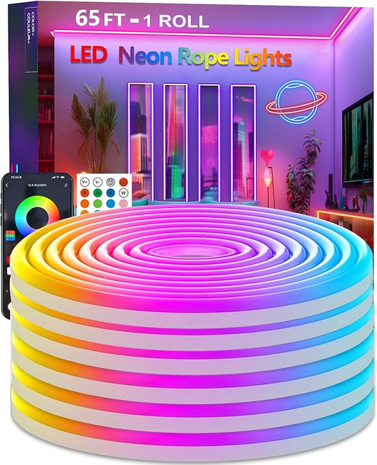 65.6FT Neon Rope Lights,Flexible Led Light Control with App/Remote,Multiple Modes,IP67 Outdoor Waterproof,Music Sync Strip for Bedroom