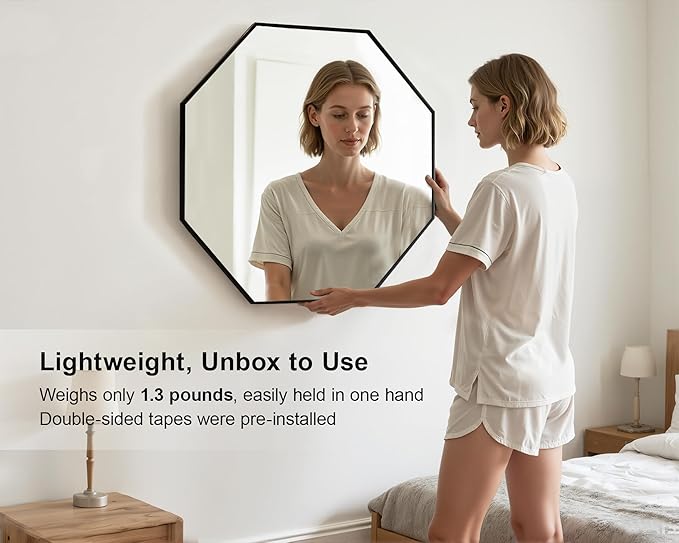 Octagon Mirror for Wall 24 Inch Black Metal Frame, Glassless Bathroom Mirrors for Over Sink, No Drill Adhesive Wall Decor for Entryway Vanity Living Room Dining Room Bedroom