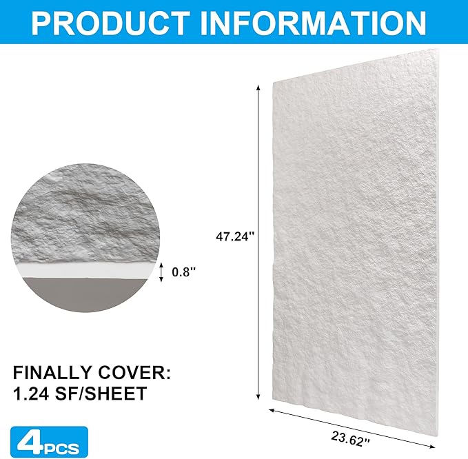 KASARO PU 3D Faux Stone Wall Panels, 4 PCS Wainscoting Panel for Interior Wall Decor, Cement Texture Accent for Home, Office, 47.2×23.6inch, Cement White