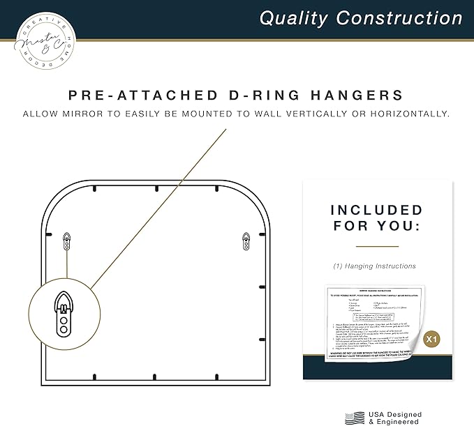 MCS Master & Co. Modern Metal Large Wall Mirror, Minimalist Home Decor Mantle Arch Mirror for Living Room, Bedroom, or Bathroom, 36 by 32 Inch, Black