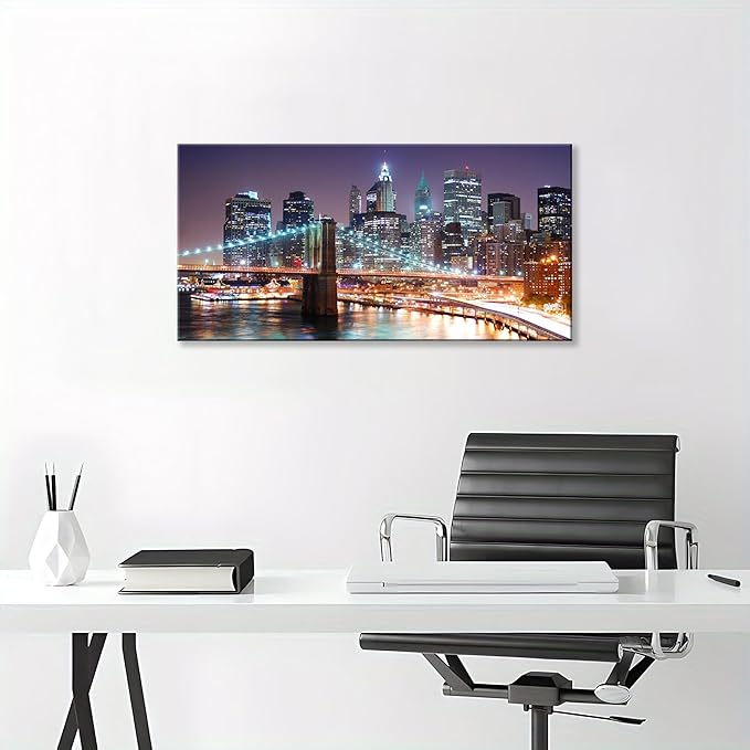 NAN Wind 1PCS New York City Skyline Canvas Wall Art Brooklyn Bridge at Sunset Golden Hour Manhattan Cityscape Pictures Canvas Artwork East River Reflection Modern Urban Home Decor Living Room Office