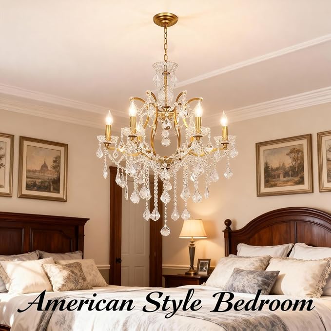Luxury Antique Gold Crystal Chandeliers with Candle Pendant Ceiling Light Fixture - 6 Lights Polished Golden Bronze Crystal Chandelier for Dining Room, Living Room, Kitchen, Bedroom