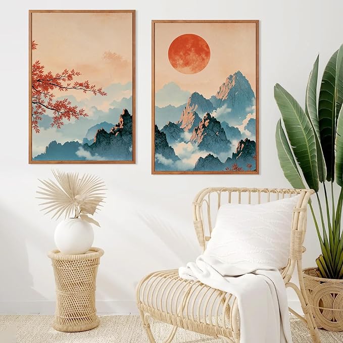 LHIUEM Large Boho Mountain Sunset Framed Canvas Wall Art Set of 3(16”X24”)Pine Tree Red Flowers Wall Decor,Chinese Style Maple Leaves Painting,Nature Landscape Forest Foggy Artworks for Bedroom Office