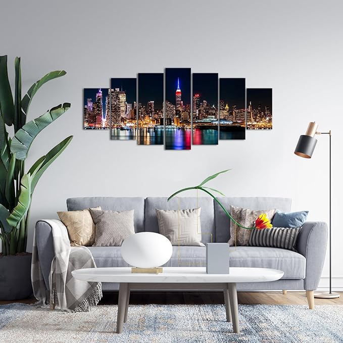Biuteawal Large 7 Piece New York City Wall Art Manhattan Skyline at Night Picture Canvas Prints Modern Cityscape Artwork Home Office Wall Decor Gallery Wrapped