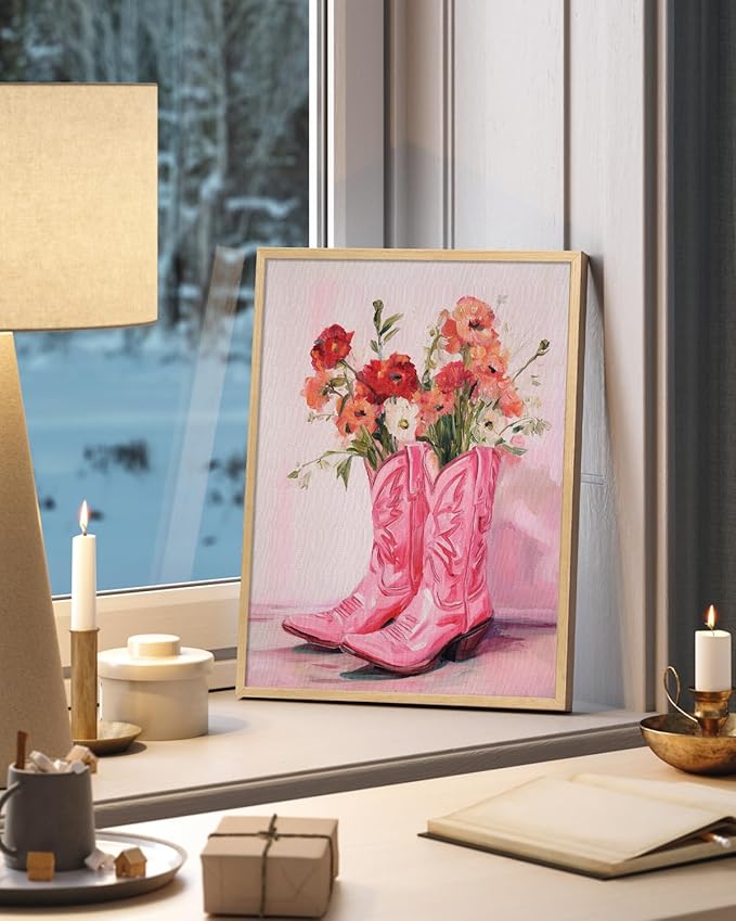 ARPEOTCY Small Framed Canvas Wall Art, 12x16in, Vintage Pink Cowgirl Boots Art, Trendy Western Wall Decor for Bedroom Coastal Room, College Girls Dorm Decor aesthetic