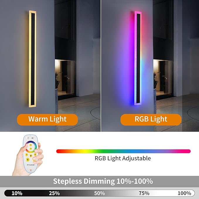 2-Pack 40in Long Outdoor Modern LED Wall Light, 30W IP65 Waterproof Warm/RGB LED Wall Mount Lighting Fixture, Color Changing Long Outdoor Wall Light Dimmable Black Exterior Wall Sconce
