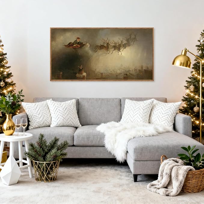 Aurlan Vintage Santa's Sleigh Rides Framed Wall Art(40"x20"), Mid Century Modern Moody Black Christmas Eve Santa Claus with Reindeer Sleigh Canvas Artwork, Neutral Abstract Xmas Winter Holiday Gift Decor for Home Office Bedroom