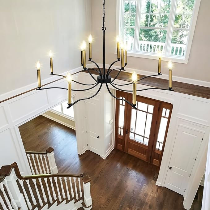 12-Light Black Chandeliers for Dining Room 39" Modern Farmhouse Chandelier Adjustable Height Candle Chandelier for Living Room Kitchen Foyer Entryway Hallway E12 Base