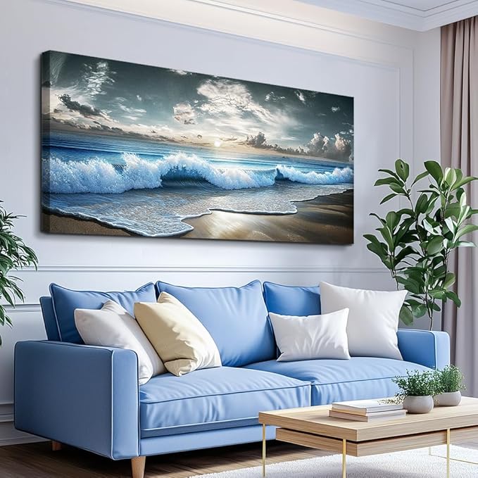 MHARTK66 Blue Ocean Canvas Wall Art Large Paintings For Living Room Landscape Nature Artwork For Walls Wall Decor For Bedroom Beach Pictures Office Waves Poster Modern Home Decorations 30x60