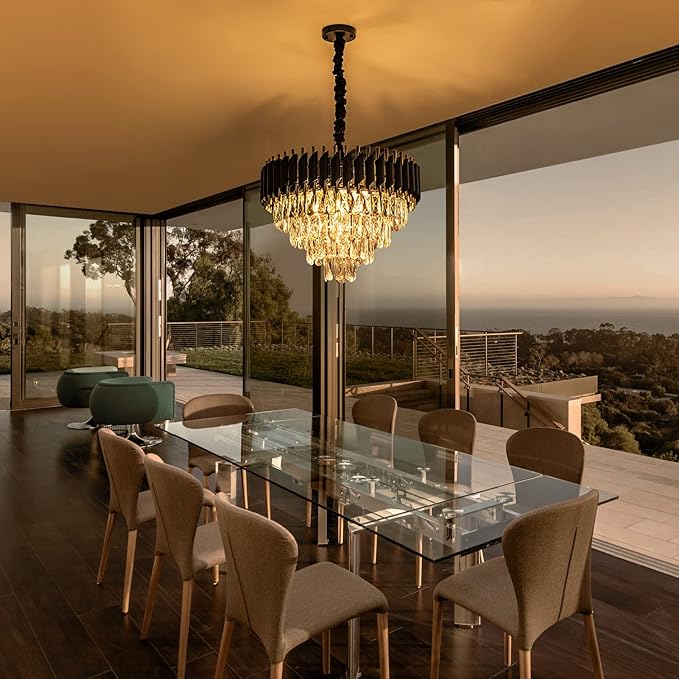 20.5" 7-Light Modern Crystal Chandelier Light Fixtures 4-Tier Black Gold Luxury Chandeliers for Dining Room Round Hanging Pendant Lighting for Living Room Kitchen Entryway Bedroom Hallway