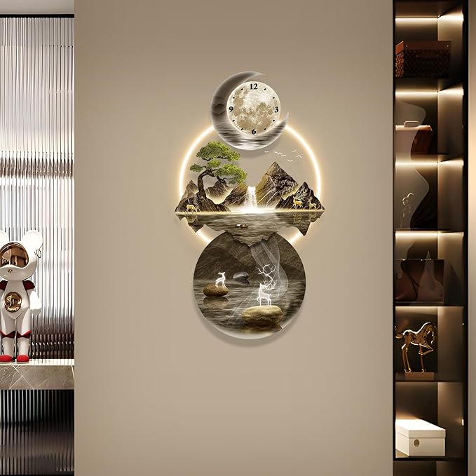 LED Light Art Wall Decor, 3D Art Wall Decor Clock, Decor Wall Sculptures with Lights, Modern Home Decor Landscape Wall Sculpture, Plug-in Power Supply, Gold A, 23x47IN