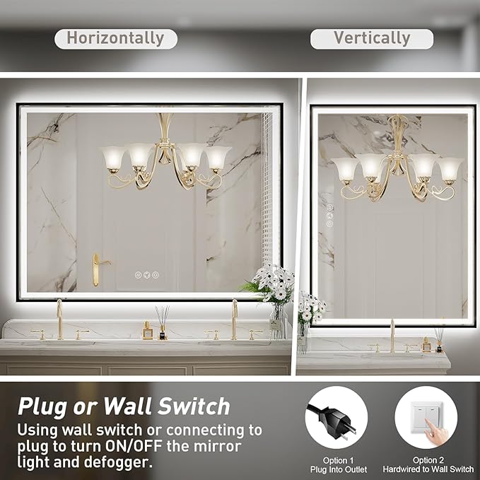 48x36 Inch LED Bathroom Mirror with Lights, Frontlit & Backlit Black Metal Frame Wall Mounted Lighted Vanity Mirrors, Double Lights Strips,Anti Fog Dimmable & 3 Colors Temperature