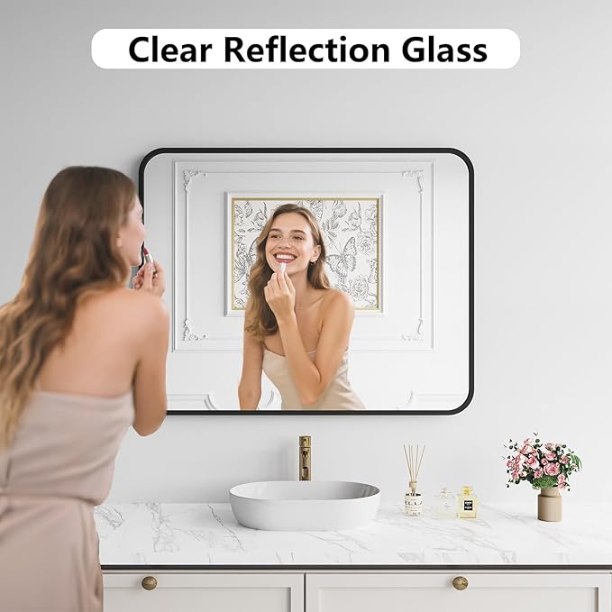Koonmi Bathroom Mirror, 32X40 Inch Black Metal Framed Mirror for Bathroom, Tempered Glass, Anti-Rust, Rounded Rectangle Mirror for Restroom, Bedroom, Black