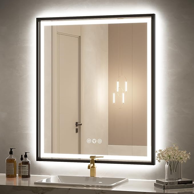 30X36 Inch Black Frame Led Mirror,Backlit and Front Bathroom Mirror with Lights,Wall Mounted Double LED Lighted Anti-Fog Mirror,Stepless 3 Colors Temperature & Dimmable (Horizontal/Vertical)