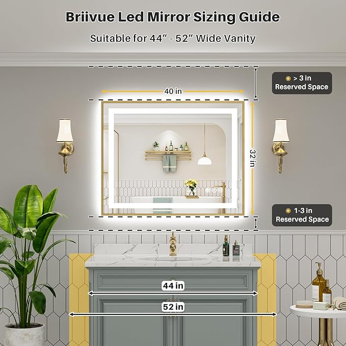 40x32 Inch LED Bathroom Mirror with Gold Frame, Backlit & Front Lit, Anti-Fog Lighted Bathroom Vanity Mirror for Wall, Memory Function, Dimmable, HD Tempered Glass, Shatter-Proof