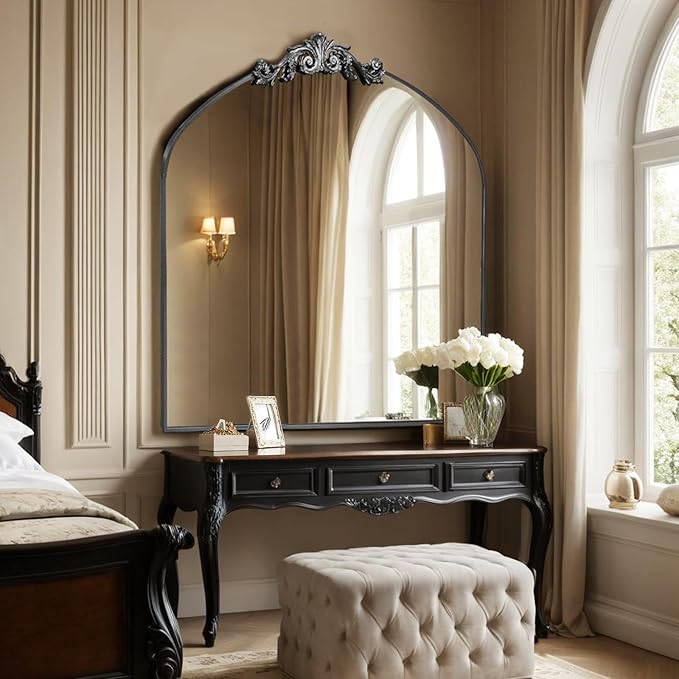 MISSDAY Vintage Arched Baroque Mirror for Wall, 36"X30" Antique Wall Mirror with Elegant Carving Top, Full Metal Frame Wall-Mounted Mirror for Bathroom, Living Room, Fireplace, Entryway, Matte Black