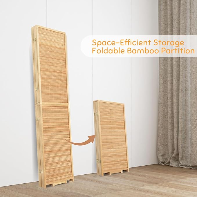 Bamboo Room Divider Folding Privacy Screens, Wall Divider for Room Separation, Portable Room Partitions and Dividers, 5.6FT Bamboo Mesh Woven Room Divider Panel (Brown, 6 Panel)
