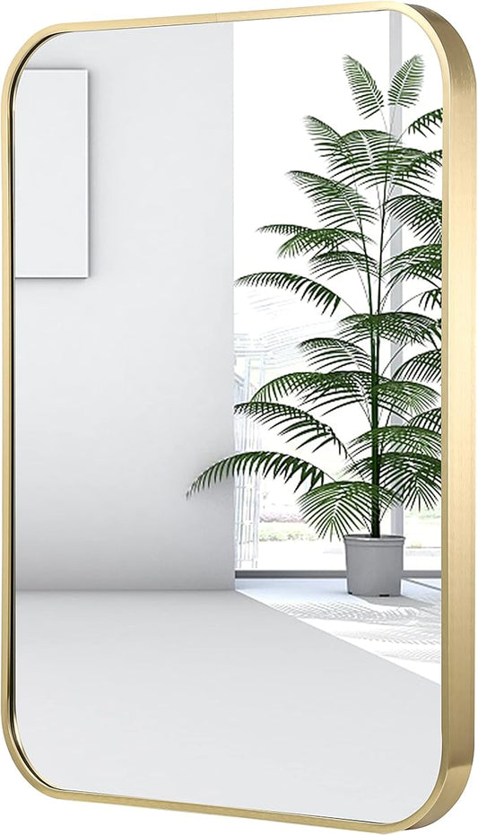 24x36 Inch Gold Bathroom Mirror, Brushed Gold Metal Framed Rectangular Mirror with Rounded Corner, Wall Mounted Vanity Mirror for Bedroom or Living Room, Horizontal/Vertical