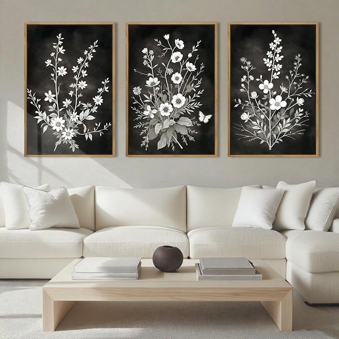 BINCUE Framed Black and White Floral Wall Art Set of 3 Botanical Wall Decor Flower Painting for Living Room Bedroom Office 16x24 Inches
