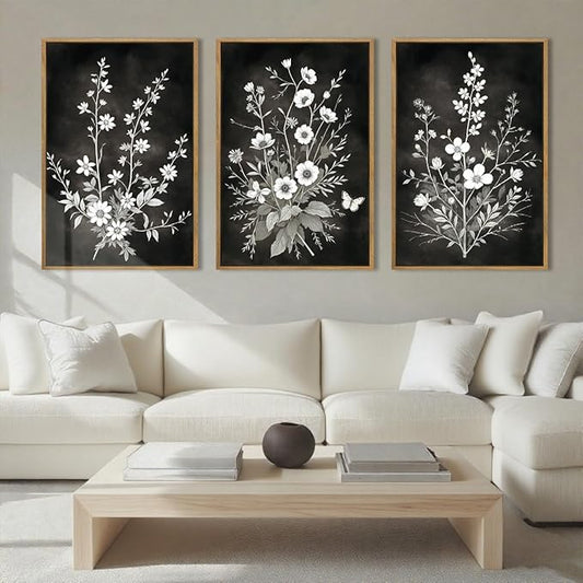 BINCUE Framed Black and White Floral Wall Art Set of 3 Botanical Wall Decor Flower Painting for Living Room Bedroom Office 16x24 Inches