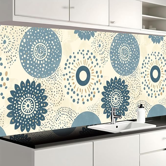 Nuxovilar Beige Blue Floral Medallion Textured Peel and Stick Wallpaper, 15.75"x39.37", Self-Adhesive Contact Paper, Vintage Tile Pattern for Bedroom, Living Room and Table Decor