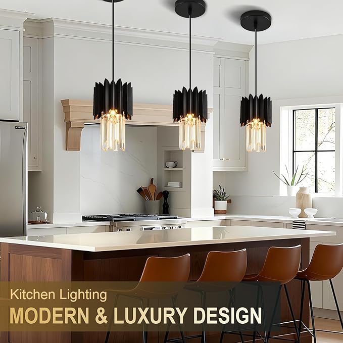 1-Light Modern Semi Flush Mount Ceiling Pendant Light Fixture, Round Pendant Lights Kitchen Island, Black Crystal Chandelier for Living Room Bedroom Hallway Entryway