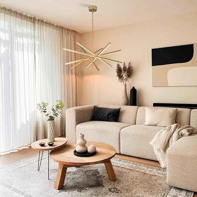 Modern Gold Chandelier Light Fixtures - LED 6-Lights Dining Room Linear Chandeliers Pendant Lights Fixture Over Table 3000K 4500K 6000K 3-Color Dimmable for Kitchen Island Living Room