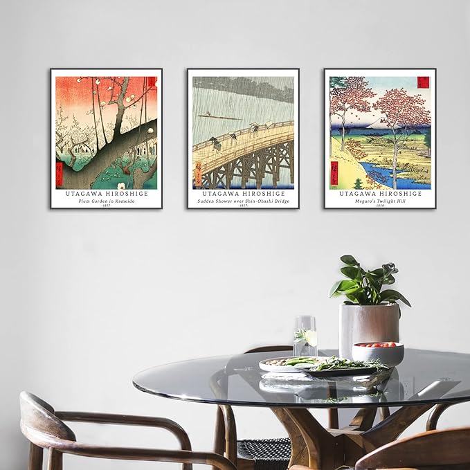 Berkin Arts Wall Art Unframed Prints Giclee Art Paper Set of 4, 11x14 inch Japanese Ukiyo-e Artwork, Bathroom Decoration Aesthetic Rustic Nature Colorful Wilderness Elegant Utagawa Hiroshige Poster