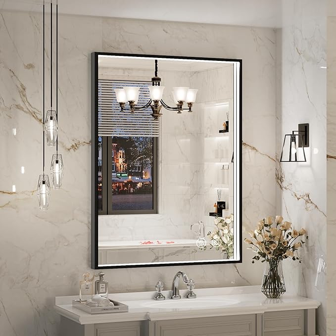 24x32 Inch LED Bathroom Mirror with Lights, Black Metal Frame Mirror, Wall Mounted Lighted Vanity Mirrors