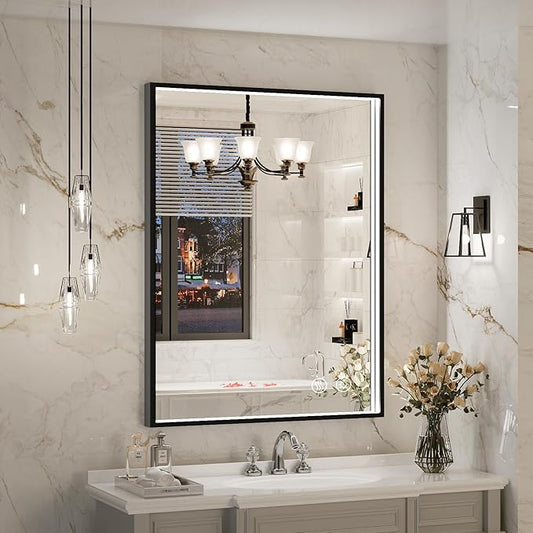 24x32 Inch LED Bathroom Mirror with Lights, Black Metal Frame Mirror, Wall Mounted Lighted Vanity Mirrors