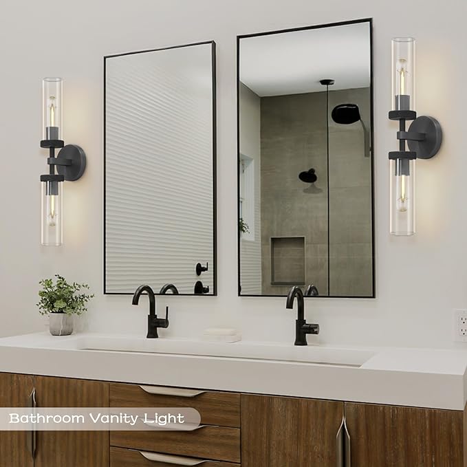 Bathroom Wall Sconce Hardwired, Black Wall Sconces, 20.5" Vanity Lights Over Mirror, Linear Wall Sconce Dimmable, Bathroom Light Fixtures Glass Tube, Bronze Wall Sconces Interior Sconces Wall Lighting