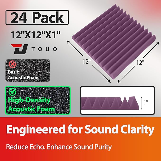 24 Pack Acoustic Panels – Sound Proof Foam Panels for Wall 12"x12"x1", Flame Retardant Wedge Acoustic Foam, High-Density Sound Absorbing Panels for Home Studio(Purple, 1" Thick 24 Pack)
